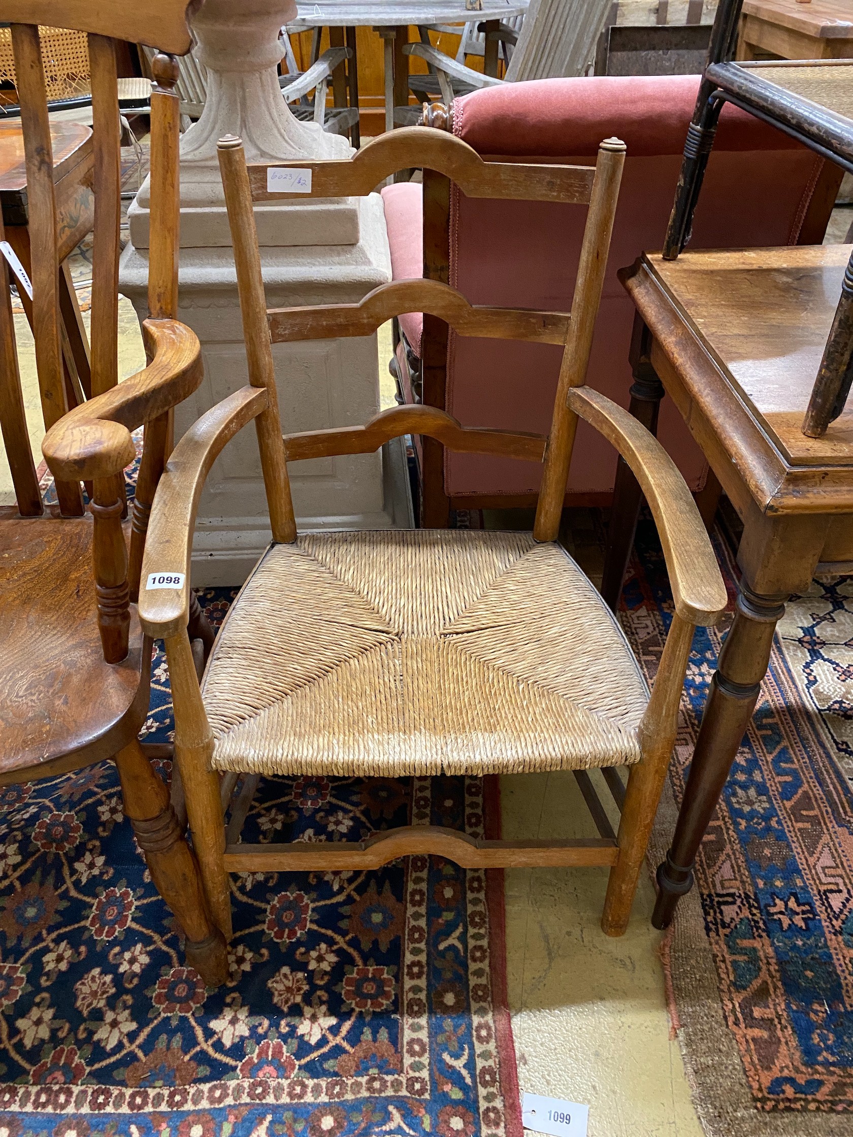 A Victorian mahogany side table, stained hardwood stick stand, bamboo and wicker work table and a rush seated elbow chair, width 55cm, depth 48cm, height 85cm